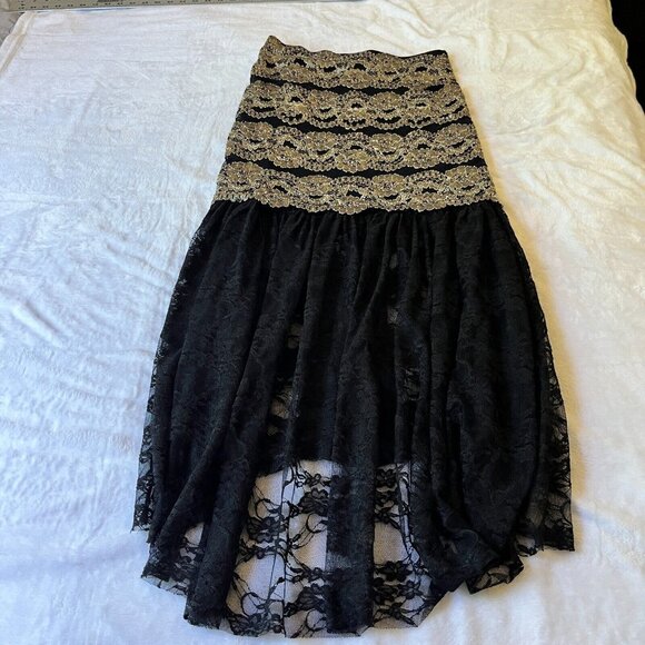 Patricia Wolf Gold Black Lace Layered Skirt Small Western Wear Ruffle Trim